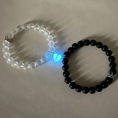 2 Pcs Magnetic Crown Beaded Charms Luminous Couple Bracelet