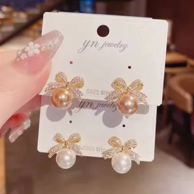 Bow Rhinestone Pearl Stud Earrings 
