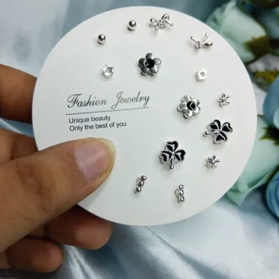 7 Pair Black Pearl Stud Earrings Set