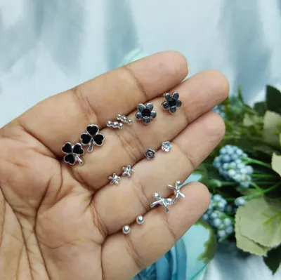 7 Pair Black Pearl Stud Earrings Set