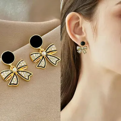 Korean Style Black Bowknot Dangle Earrings