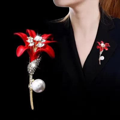  Red Lily With Faux Pearl  Hijab Brooch / Pin 