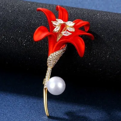  Red Lily With Faux Pearl  Hijab Brooch / Pin 