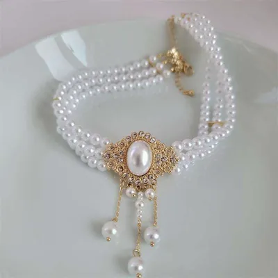 French Elegant Retro Choker Oval Pearl Tassel Necklace  