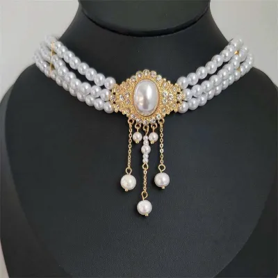 French Elegant Retro Choker Oval Pearl Tassel Necklace  