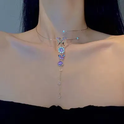 Purple Pearl Butterfly Flower Zircon Tassel Necklace