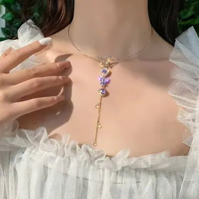 Purple Pearl Butterfly Flower Zircon Tassel Necklace