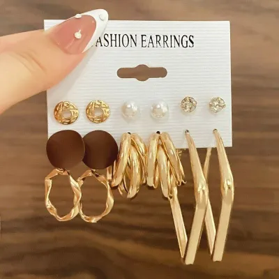 6 pairs Round Pearl Twist Hollow Hoop Earrings Set 