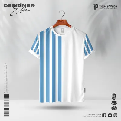 Light Blue And White vertical Stripes Graphic Half Sleeve T-shirt 