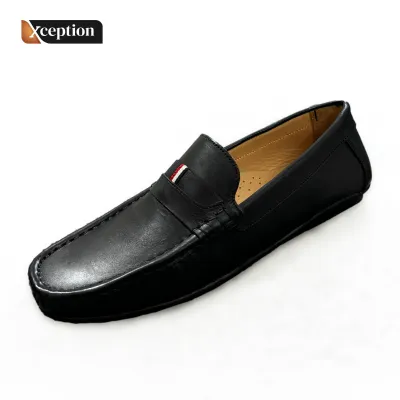 Natural Plane Finish Supper Fastness full Grain Genuine Black Leather Moccasin Shoes