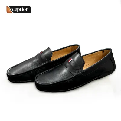 Natural Plane Finish Supper Fastness full Grain Genuine Black Leather Moccasin Shoes