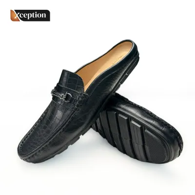 Genuine Bull Worthy High Fastness Crocodile Print Black Leather Half Shoe