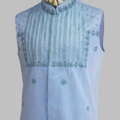 Sky Blue Zardozi Waistcoat 