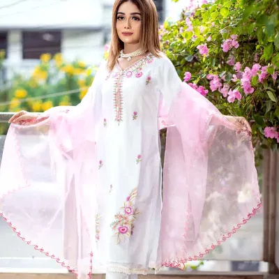 White embroidered organza silk shalwar kameez