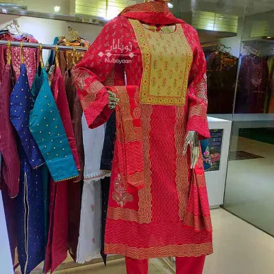 Maroon block embroidered cotton shalwar kameez
