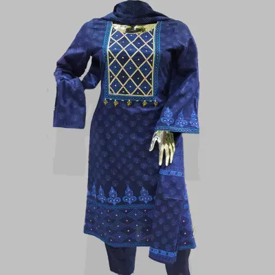 Navy Blue block embroidered cotton shalwar kameez