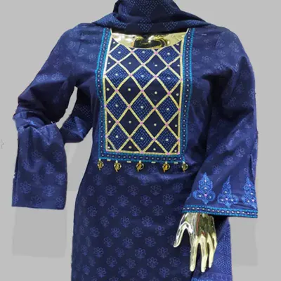 Navy Blue block embroidered cotton shalwar kameez