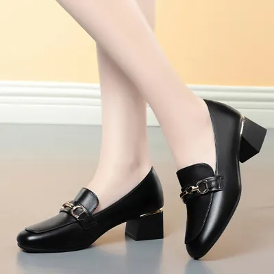 DEEP MOUTH THICK HEEL ROUND HEAD LEATHER SHOE GB-9663