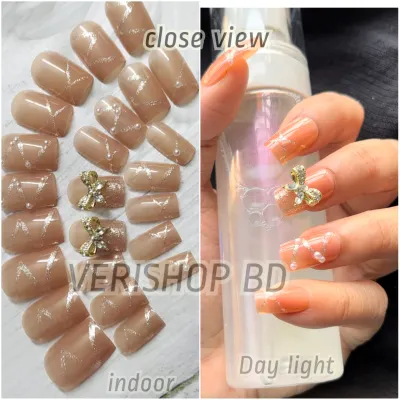 Golden Bow Stone Nude Nail