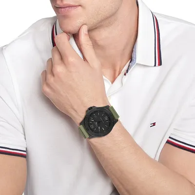 TOMMY HILFIGER- RYAN BLACK DIAL GREEN SILICON STRAP WATCH