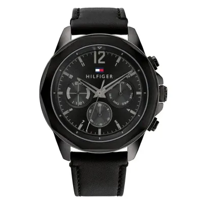 Tommy Hilfiger Multifunction Black Leather Men's Watch