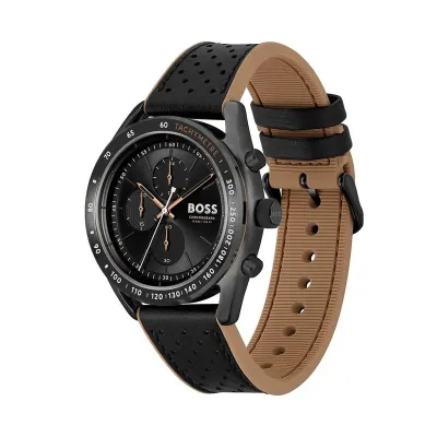 Hugo Boss Center Court Black Dial Leather Strap Men's Watch