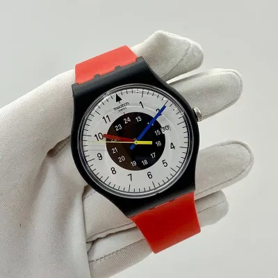 Swatch Original Gent 1984 Rouge and Noir Quartz Multi-Coloured Dial Red Strap Watch 