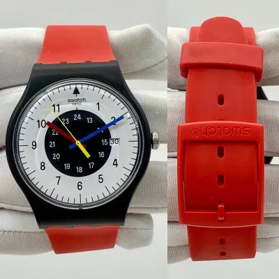 Swatch Original Gent 1984 Rouge and Noir Quartz Multi-Coloured Dial Red Strap Watch 