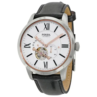 Fossil Townsman Automatic White Dial Leather Strap Watch 