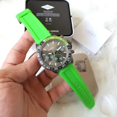 Fossil Bannon Chronograph Grey Dial Green Silicone Strap Watch for Men