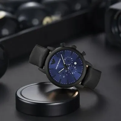 Emporio Armani Luigi Black Leather Strap Blue Dial Chronograph
