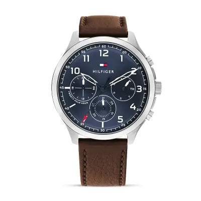 Tommy Hilfiger Brown Leather Navy Dial Men's Multi-function Watch