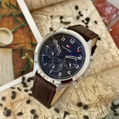 Tommy Hilfiger Brown Leather Navy Dial Men's Multi-function Watch