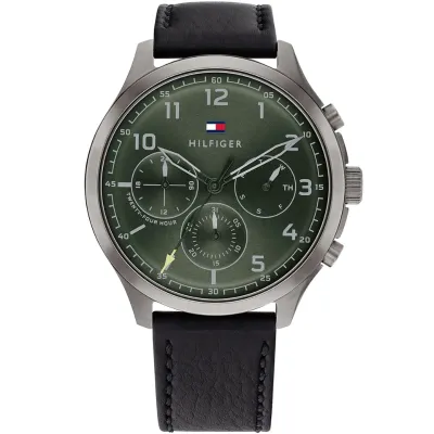 Tommy Hilfiger Asher  Black Leather Green Dial Men's Watch