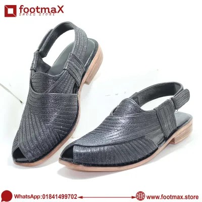 Black leather men kabuli sandals shoes