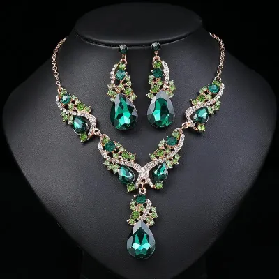 Vintage Water Drop Crystal Necklace Earrings Shining Jewelry Set