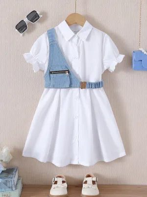 Denim strap white dress TD101