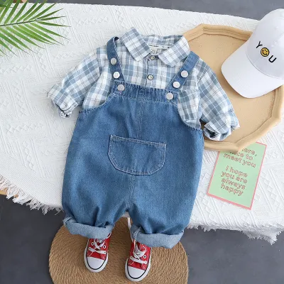 Brushed Plaid Shirt and Denim Overalls Set TD129