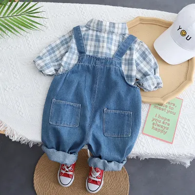 Brushed Plaid Shirt and Denim Overalls Set TD129