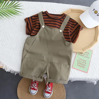 Striped Tee with Adjustable Overall Shorts Set TD130