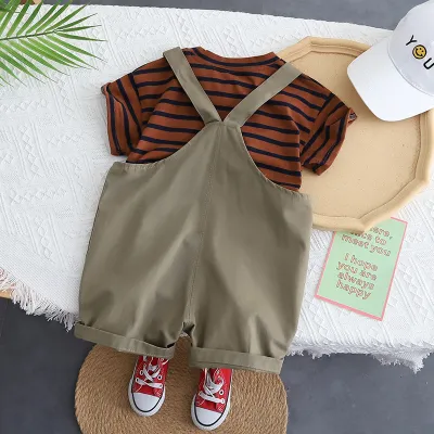 Striped Tee with Adjustable Overall Shorts Set TD130