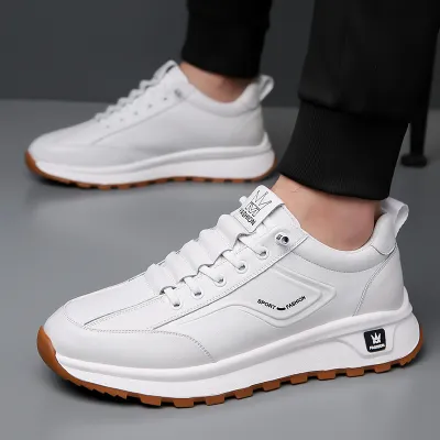 Cowhide Genuine Leather White Casual Sports Shoes