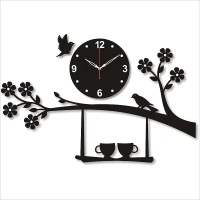 3D Tree Bird Coffee Cup On Jhula Design Wall Clock