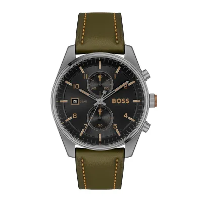 Men's Quartz Chronograph Black Leather Watch