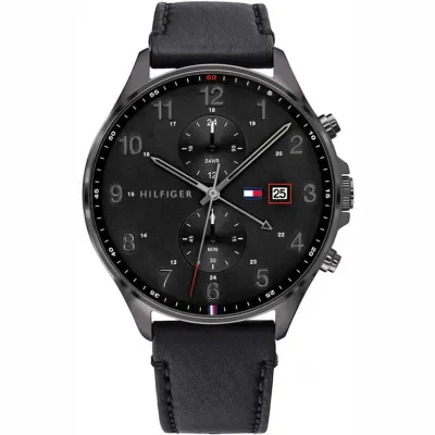 Tommy Hilfiger West Chronograph Black Dial Black Leather Strap Watch For Men