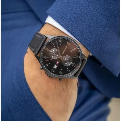 Tommy Hilfiger West Chronograph Black Dial Black Leather Strap Watch For Men