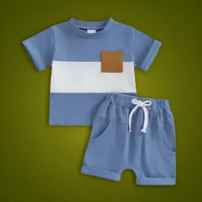 White Blue Combination Solid T-shirt Set