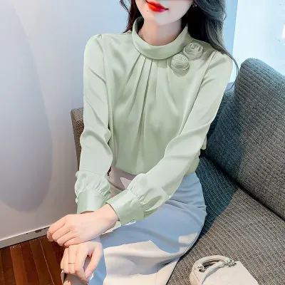 Women Stand Collar Petal Satin Shirts