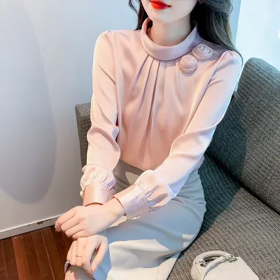 Women Stand Collar Petal Satin Shirts