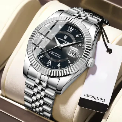 POEDAGAR Luxury Watch (Silver & black) 506- with Free Gift Box & Chain Cutter
